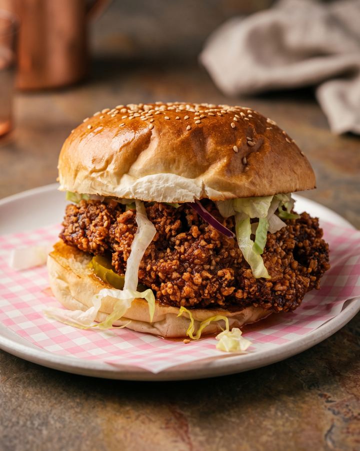 Fried chicken sandwich on a pink checked plate