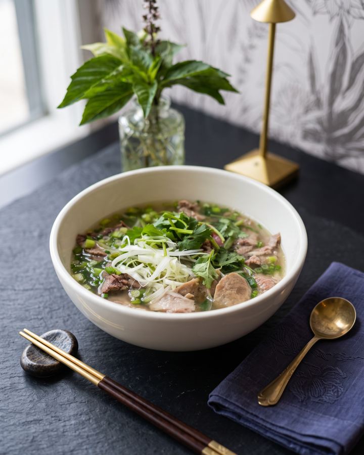 A bowl of pho at the table