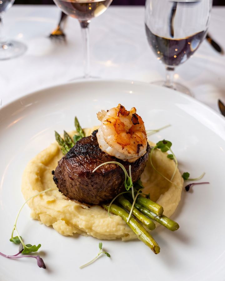 Filet topped with a shrimp