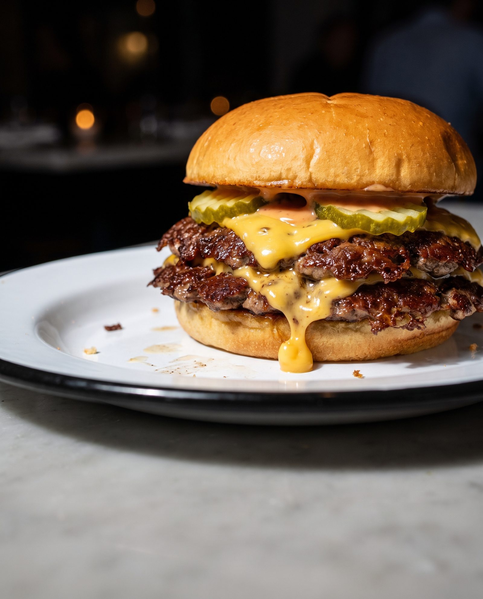 A double smash burger with pickles, melted cheese dripping onto a white enamel plate